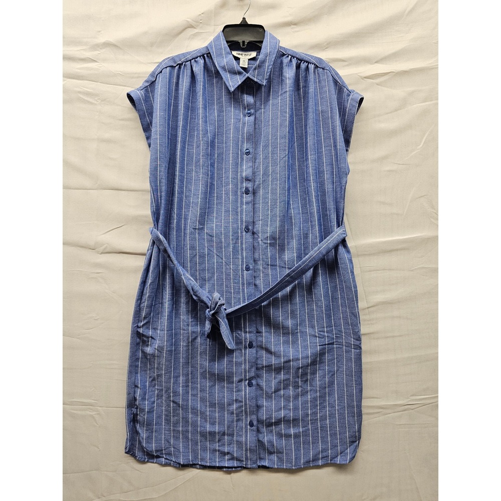 Nine West Jeans Blue Pinstripe Button Down Shirt Dress with Belt Size Medium NEW